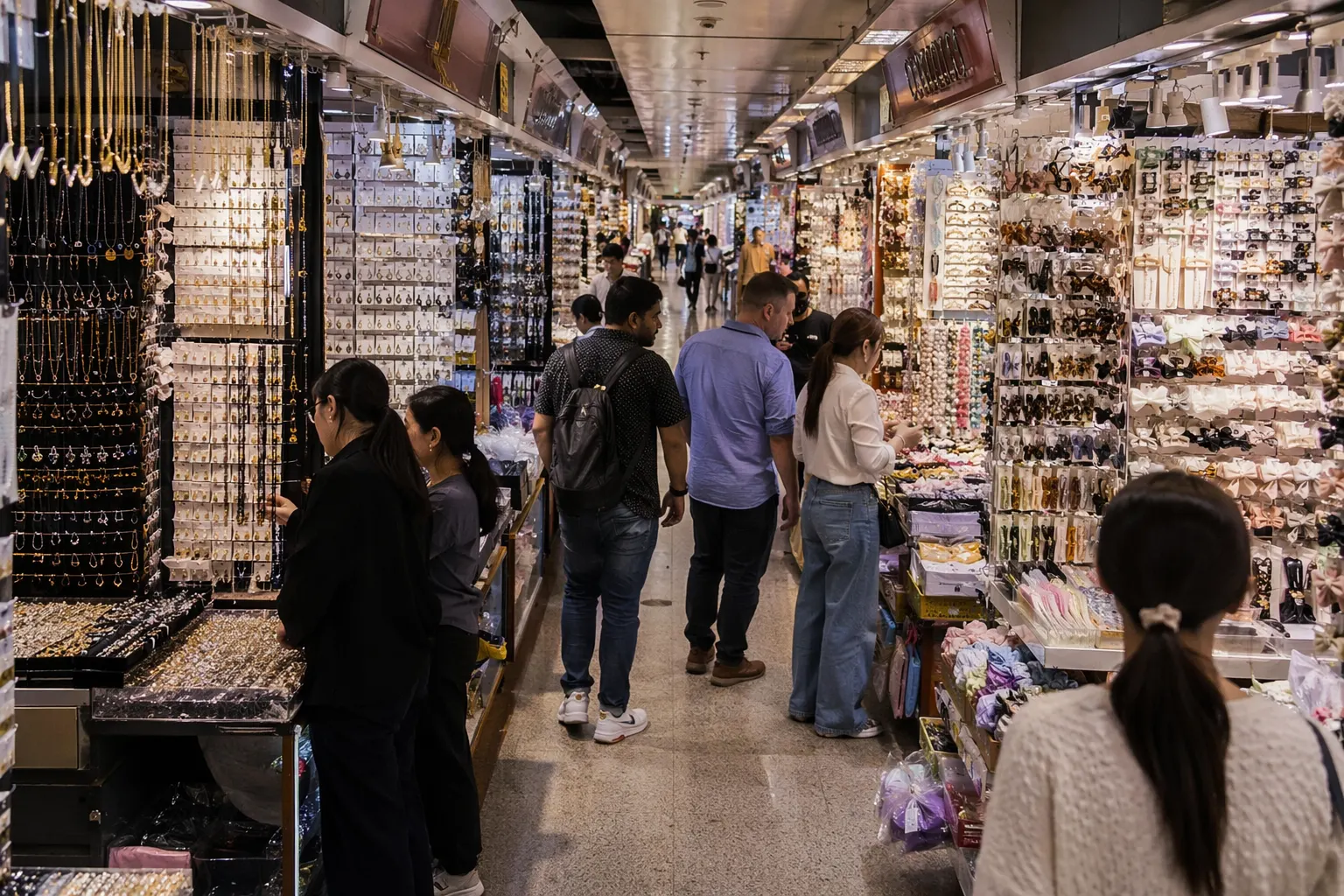 Gångar med smycken och håraccessoarstånd inne i Yiwu International Trade City, Distrikt 1