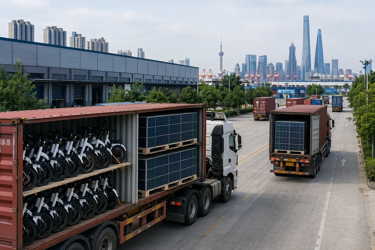Containrar med elcyklar och solpaneler på väg med lastbil från fabrik i Changzhou mot Shanghai hamn