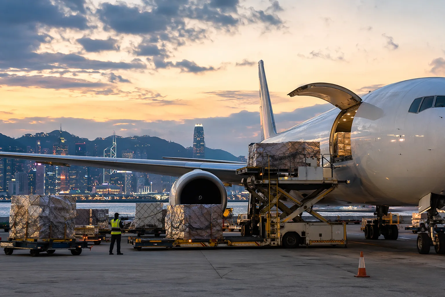 Expressgods lastas på Hong Kong International Airport med stadens skyline i bakgrunden
