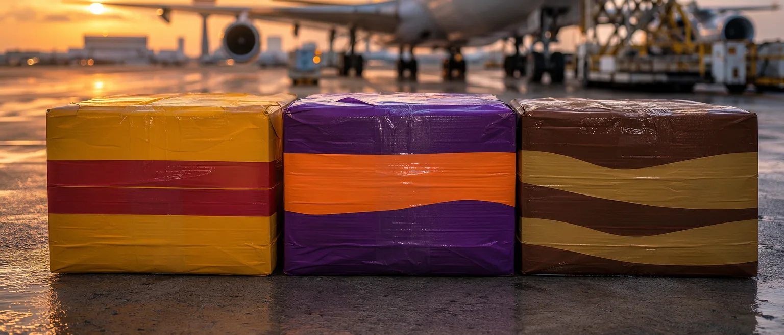 DHL, FedEx och UPS expresspaket uppställda framför ett fraktflygplan på en kinesisk flygplats