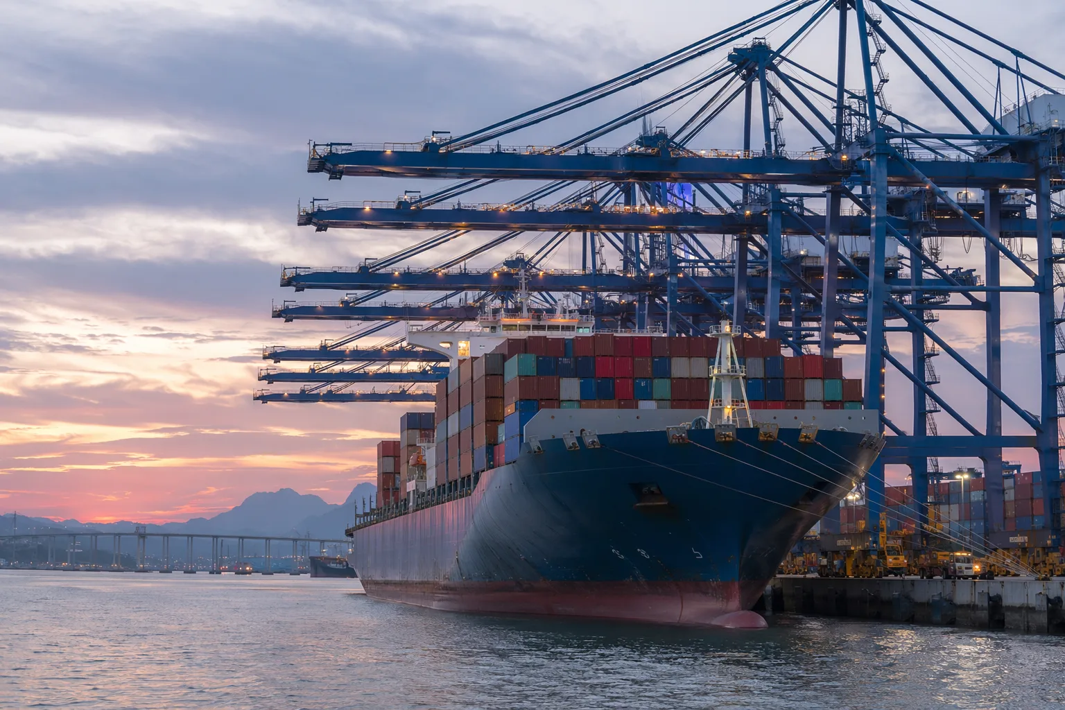 Containerskepp lastas vid Jiangyin djupvattenhamn i Fuqing Bay, Fuzhou