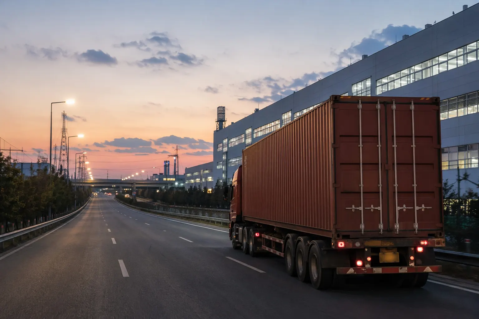 Lastbil med container lämnar en elektronikfabrik i Kunshan på motorvägen mot Shanghai hamn