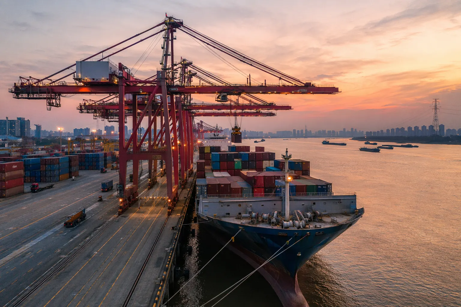 Containerkranar lastar ett fartyg vid Longtan Container Terminal på Yangtzefloden i Nanjing
