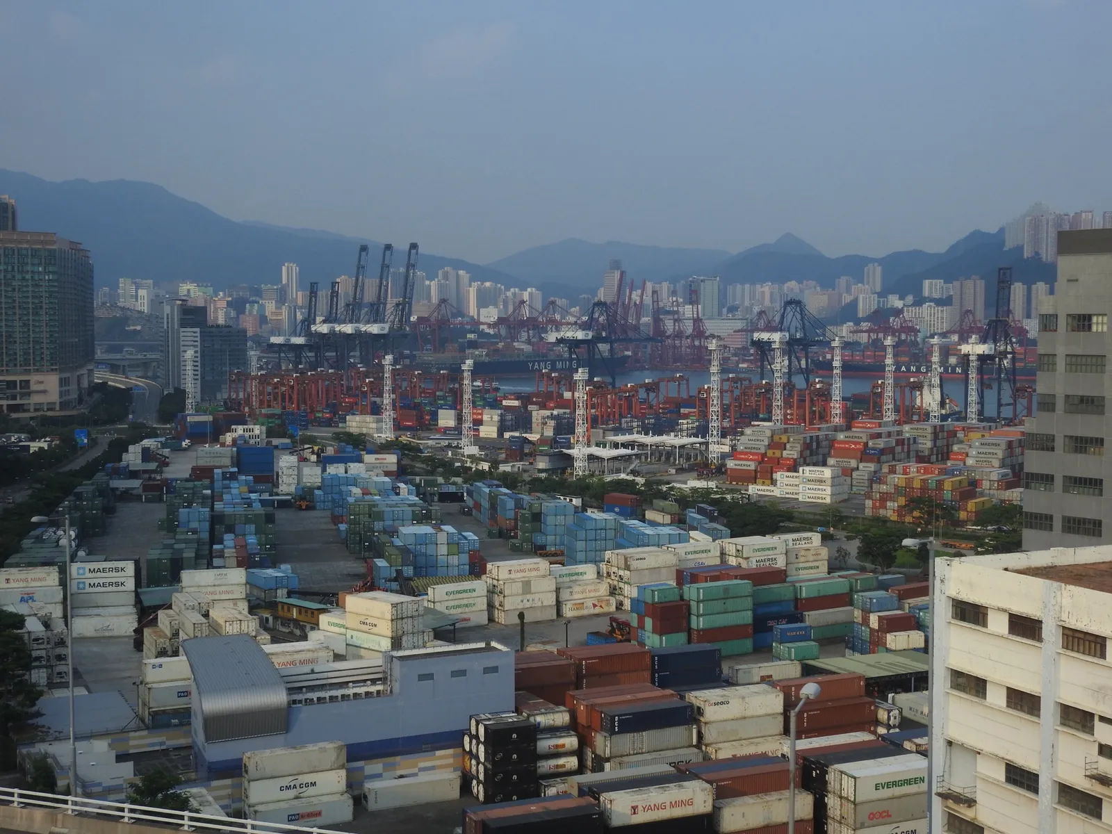 Containerrader och portalkranar vid Kwai Tsing-terminalerna i Hongkong, med Kowloon-bergen i bakgrunden