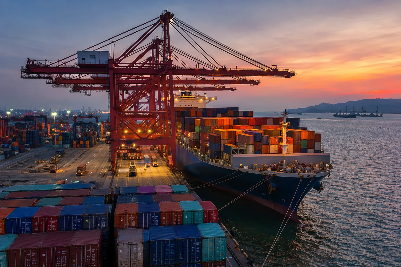 Containerfartyg lastas under portalkranar vid kinesisk djuphamn i skymningen