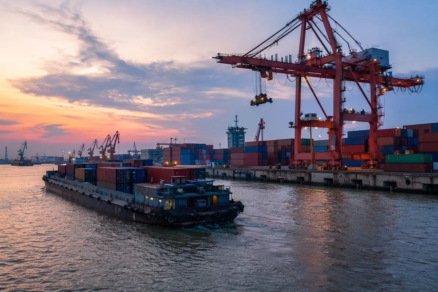 Containerpråm passerar containerkranar vid Taicang Port på Yangtze-floden nära Suzhou i skymningen