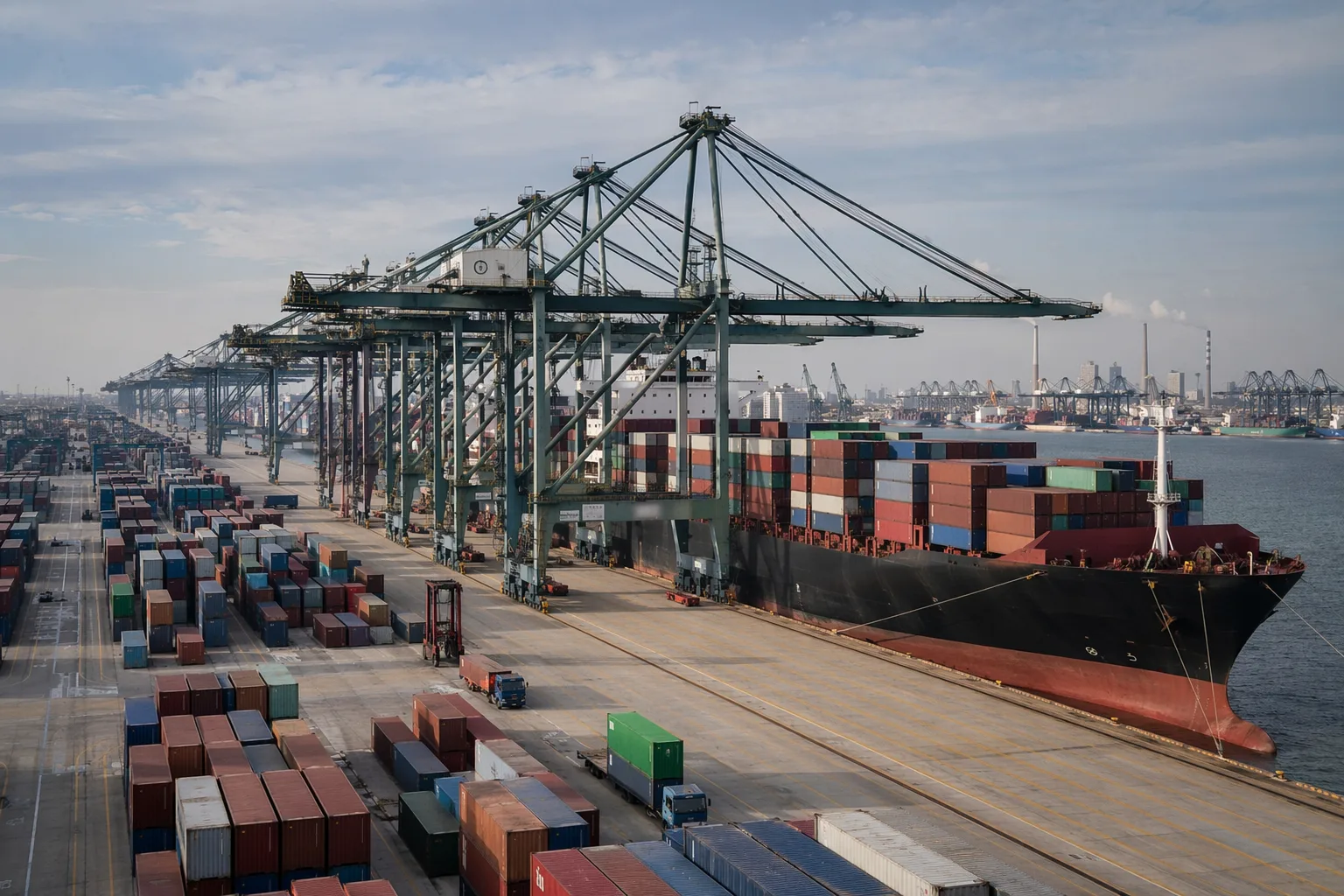 Containerterminalen i Tianjin med portalkranar som lastar ett containerfartyg