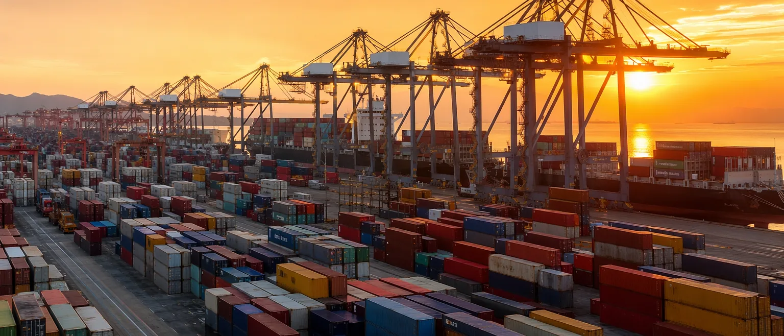 Containerhamn i Kina med staplade exportcontainrar – här startar godsets resa från kinesiska grossistsajter