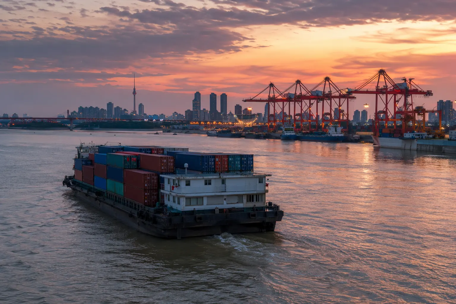 Containerpråm på Yangtze-floden passerar Yangluo-terminalen i Wuhan med portalkranar i skymningen