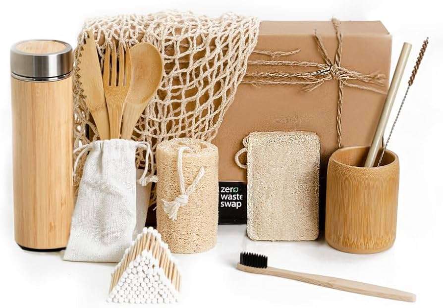 Image of eco-friendly products such as bamboo toothbrushes, stainless steel straws, and reusable shopping bags. 