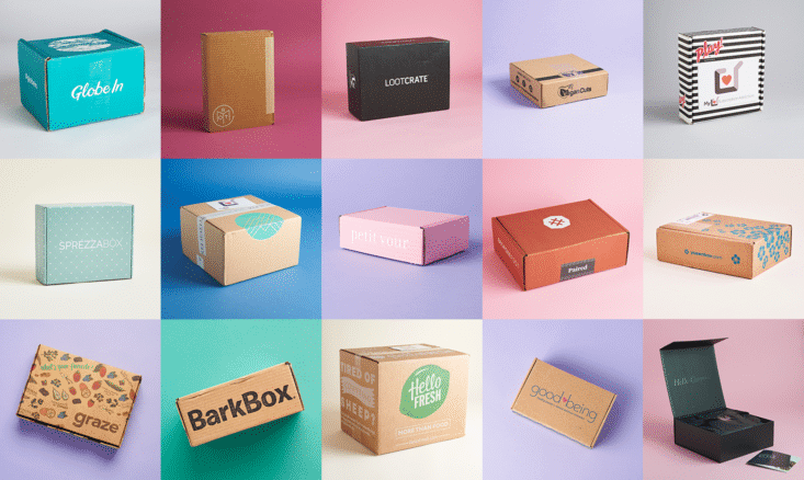Image of various subscription boxes such as beauty boxes, healthy food boxes, and fitness boxes. 