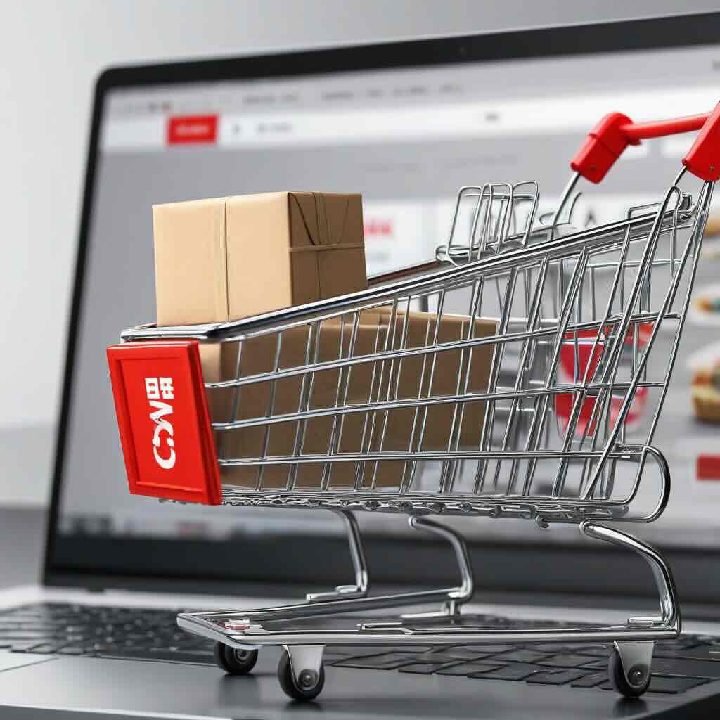 How to Launch a Profitable Dropshipping Business with Chinese Products 2 Close-up of a computer screen displaying a shopping cart icon with a small package labeled 'Made in China' next to it, symbolizing online purchasing and dropshipping with Chinese products.