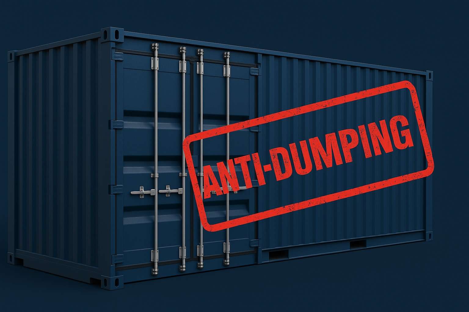 Blue shipping container with a large red "ANTI-DUMPING" stamp, representing hidden import costs and trade penalties, styled in SINO Shipping brand colors.

