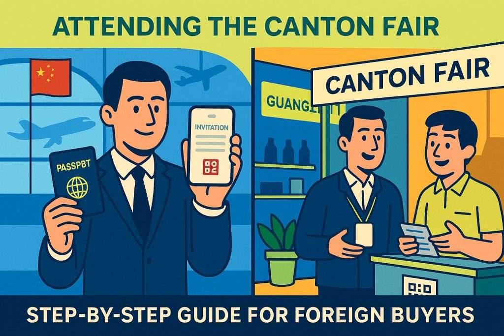 Two-part illustration showing a foreign buyer receiving an invitation and registering for the Canton Fair, with passport, visa, and badge in view