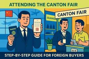 BLOG 4 Two-part illustration showing a foreign buyer receiving an invitation and registering for the Canton Fair, with passport, visa, and badge in view