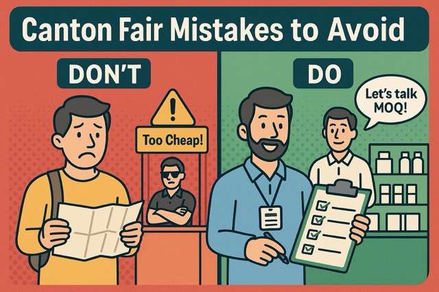 Split-screen illustration showing a confident Amazon seller on one side and a confused buyer facing red flags at the Canton Fair