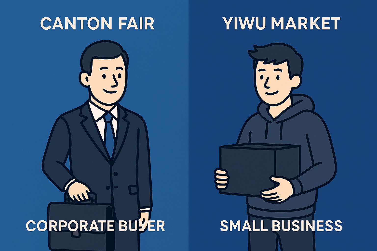 Canton Fair vs Yiwu Market: What’s the Right Choice for You? 2 Comparison between a corporate buyer for Canton Fair and a small business entrepreneur for Yiwu Market, illustrated in flat style with a blue split background.