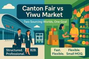 BLOG 6 Split-screen illustration comparing the Canton Fair and Yiwu Market sourcing styles