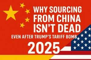 Fettgedrucktes Miniaturbild mit „China Sourcing 2025“ mit visueller Hervorhebung der Zölle und SINO-Versandstrategien von Trump
