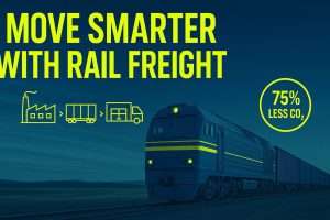 Elektroblauer Güterzug mit dem Slogan „Move Smarter with Rail Freight“ und einem CO₂-Reduktionsabzeichen (75 % weniger CO₂)