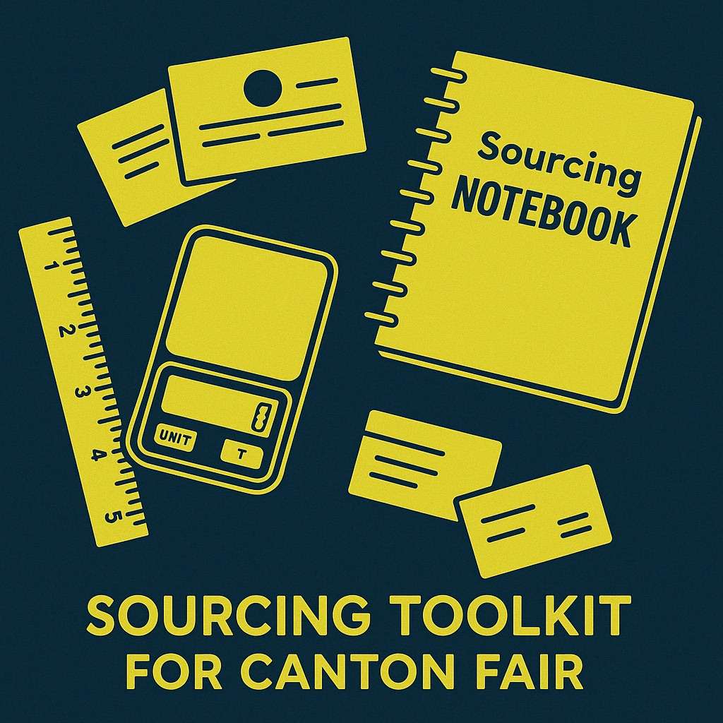 Canton Fair for Amazon Sellers: How to Source Like a Pro 1 Flat lay showing a sourcing toolkit with ruler, pocket scale, business cards, and notebook against a dark blue background with yellow‑green accents.