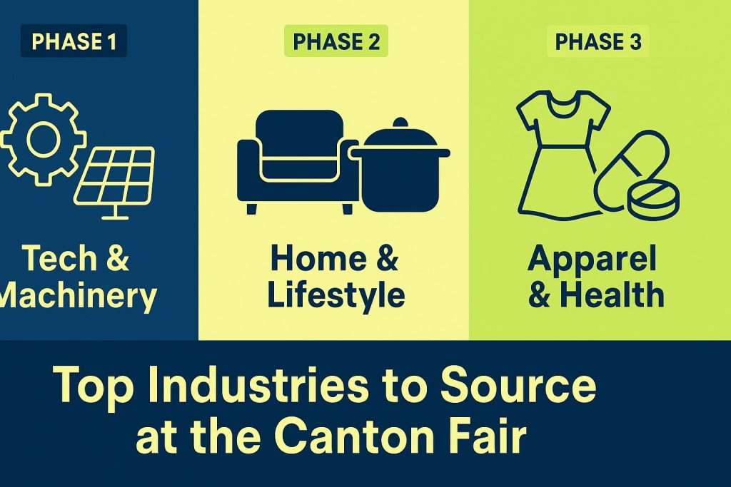 Infographic showing key industries to source from at the Canton Fair including electronics, home goods, fashion, and green tech