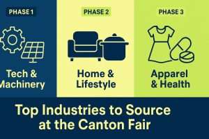 BLOG 5 Infographic showing key industries to source from at the Canton Fair including electronics, home goods, fashion, and green tech