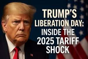 Miniaturbild mit Donald Trump und dem fettgedruckten Text „Liberation Day: Trump’s 2025 Tariff Shock“ vor dem Hintergrund von Aktienmarktdiagrammen und Bildern des Welthandels.