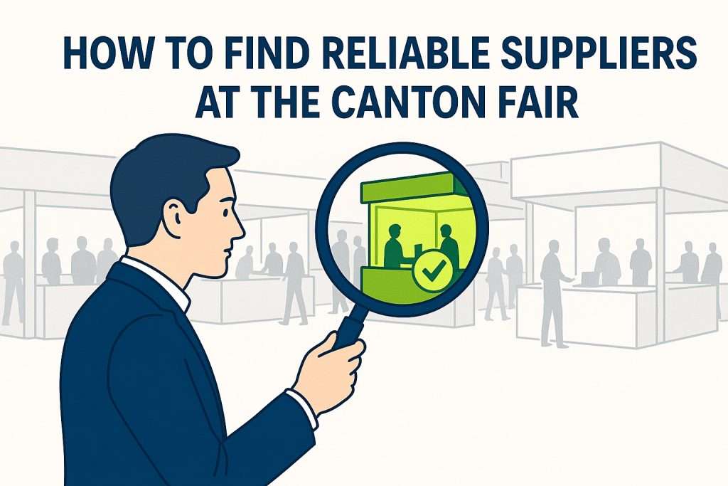 Illustration of a business professional spotting a reliable supplier at the Canton Fair using a magnifying glass in a busy trade show environment