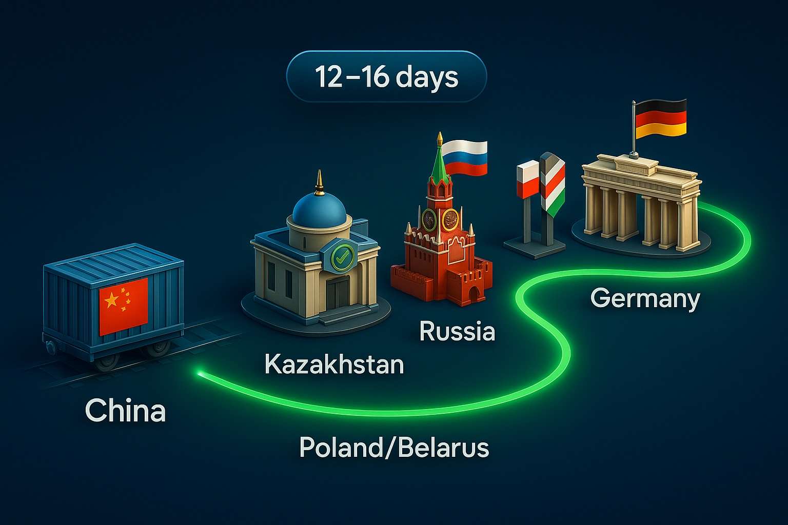 Rail Freight from China to Germany: Routes, Transit Times, Costs & Strategic Insights 3 A 2.5D digital infographic map showing the logical rail freight journey from China to Germany. The glowing neon green railway line connects a Chinese freight container, a domed Kazakhstan customs building, Russia’s Kremlin, a border checkpoint with Poland and Belarus flags, and ends at Germany’s Brandenburg Gate with a German flag. “12–16 days” is prominently displayed, all on a dark blue premium background.