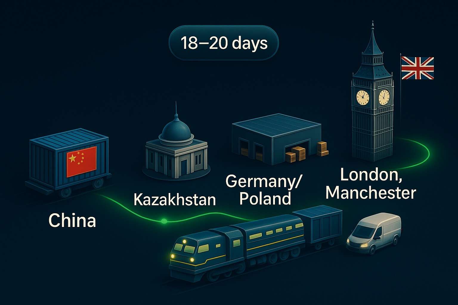 Rail Freight from China to the UK: Routes, Transit Times, Costs & Strategic Insights 3 China–UK Rail Freight Route 18–20 Days Transit via Kazakhstan and Europe