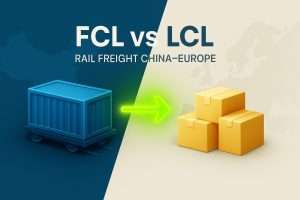Digitale 2.5D-Vorschau mit Vergleich von Full Container Load (FCL) und Less than Container Load (LCL)-Bahnfracht von China nach Europa. Blauer Container links, gestapelte gelbe Kisten rechts, leuchtend neongrüner Pfeil dazwischen, hochwertiger moderner Stil.