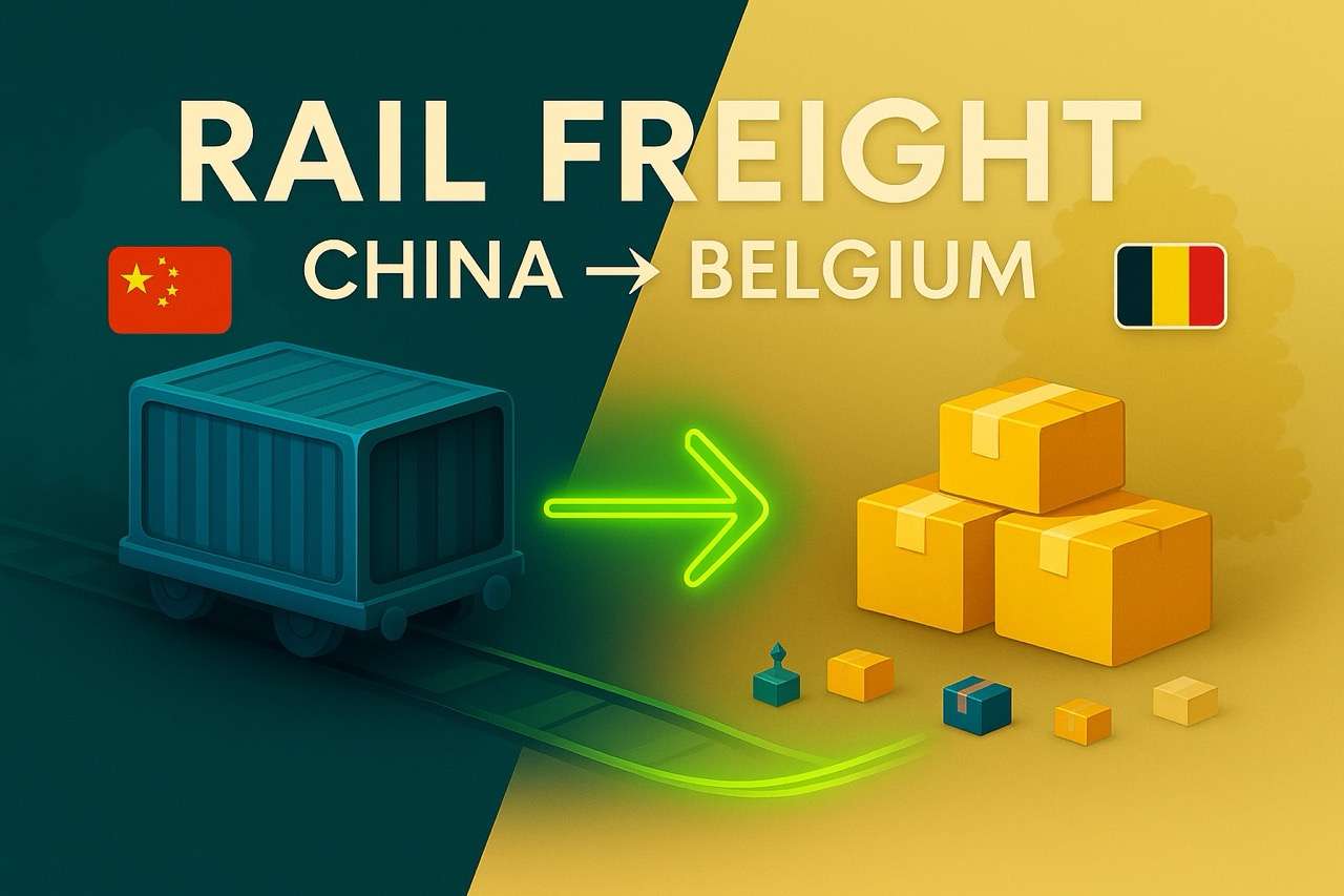 Digital illustration showing rail freight from China to Belgium: a blue freight container with the Chinese flag, neon green arrow, shipping boxes, and the Belgian flag, with the title “RAIL FREIGHT CHINA → BELGIUM” in bold.