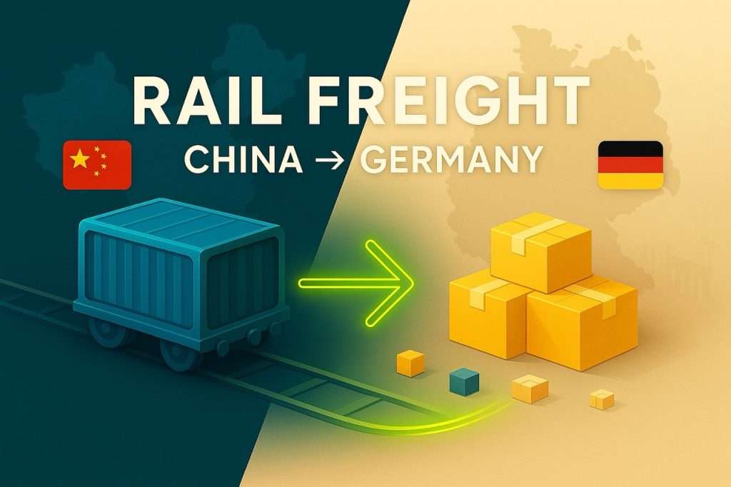 Digital illustration showing rail freight from China to Germany: a blue freight container with the Chinese flag, neon green arrow, shipping boxes, and the Germany flag, with the title “RAIL FREIGHT CHINA → BELGIUM” in bold.