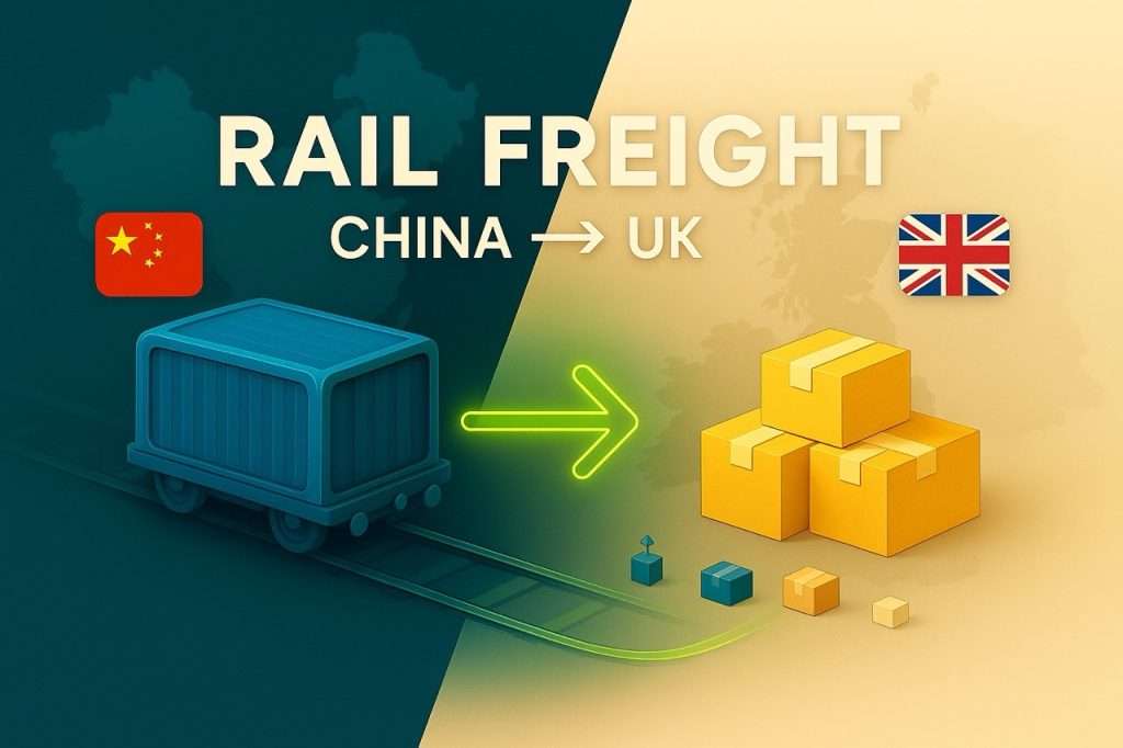 Infographic showing rail freight from China to the UK: a blue rail wagon with Chinese flag on the left, a glowing green arrow, and stacked yellow boxes with a UK flag on the right. Split background with map outlines of China and the UK, highlighting direct rail shipping routes.