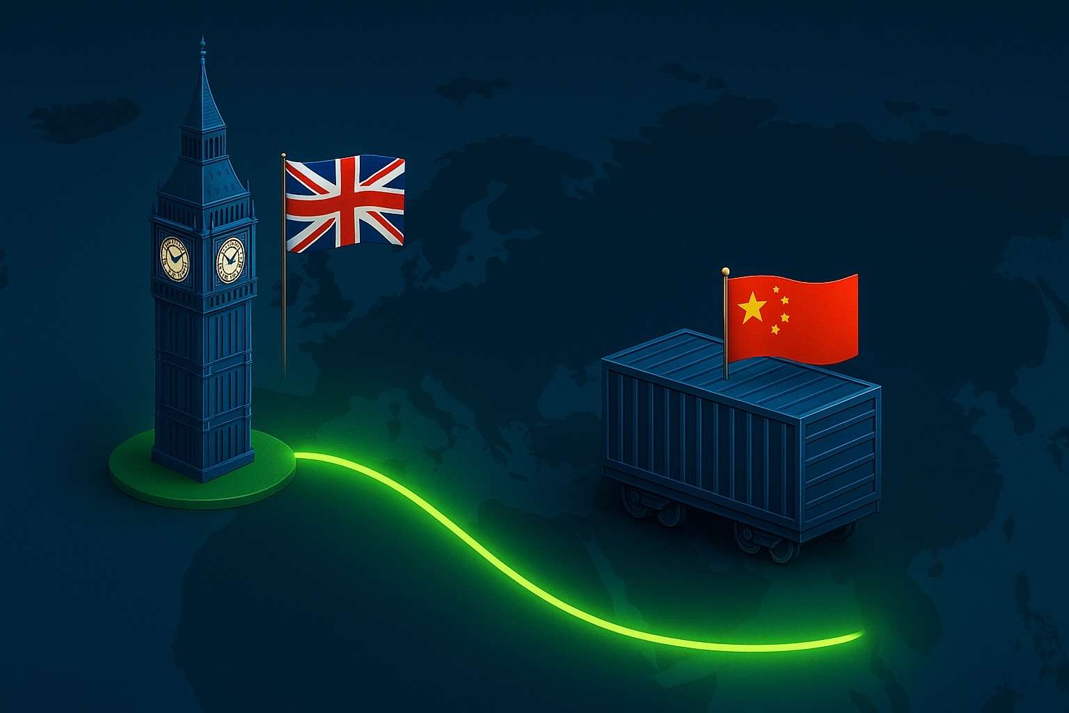 Rail Freight from China to the UK: Routes, Transit Times, Costs & Strategic Insights 2 Rail Freight Route Between the United Kingdom and China – Europe Asia Logistics Illustration