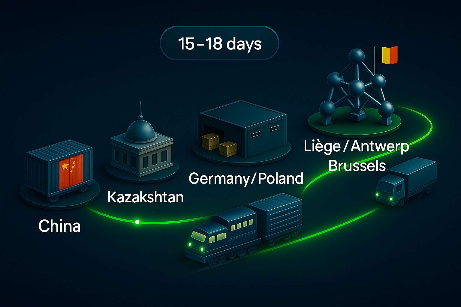 Rail Freight from China to Belgium: Routes, Transit Times, Costs & Strategic Insights 3 Rail Freight Route from China to Belgium 15–18 Days via Liege Antwerp Brussels