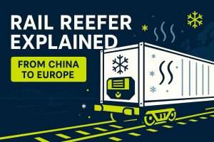Horizontale Miniaturansicht eines Blogbeitrags, die einen modernen Kühlcontainer (Reefer) für den Kühlkettentransport zwischen China und Europa zeigt, in den Farben Dunkelblau, Neongelbgrün und Weiß von SINO Shipping, mit Symbolen für temperaturgeregelte Ladung, Schneeflocken- und Thermometersymbolen und einem stilisierten Gleis.