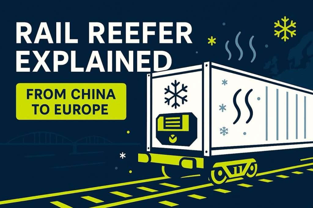 Horizontal blog post thumbnail showing a modern refrigerated rail container (reefer) for cold chain transport between China and Europe, with SINO Shipping’s dark blue, fluo yellow-green, and white colors, featuring temperature-controlled cargo, snowflake and thermometer icons, and a stylized rail track.