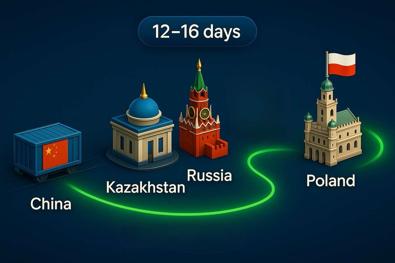 Rail Freight from China to Poland: Routes, Transit Times, Costs & Strategic Insights 3 2.5D Rail Freight Route Map – China to Poland
