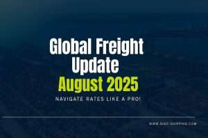 Miniaturansicht mit der Aufschrift „Global Freight Update – August 2025“ vor dem Hintergrund eines Containerhafens